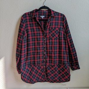 J. Jill red and black buffalo plaid curved hem button down tunic size small
